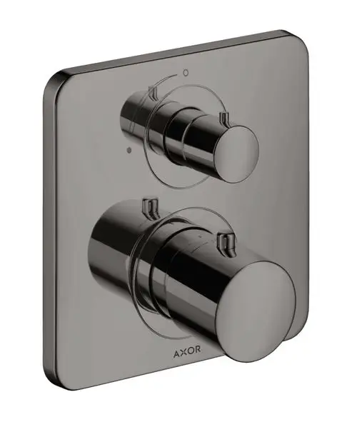 Wandmontierter, zweigängiger Thermostat mit Absperrventil in glänzendem Schwarz verchromt. Marke AXOR, mit klaren Bedienelementen und minimalistischer Form.